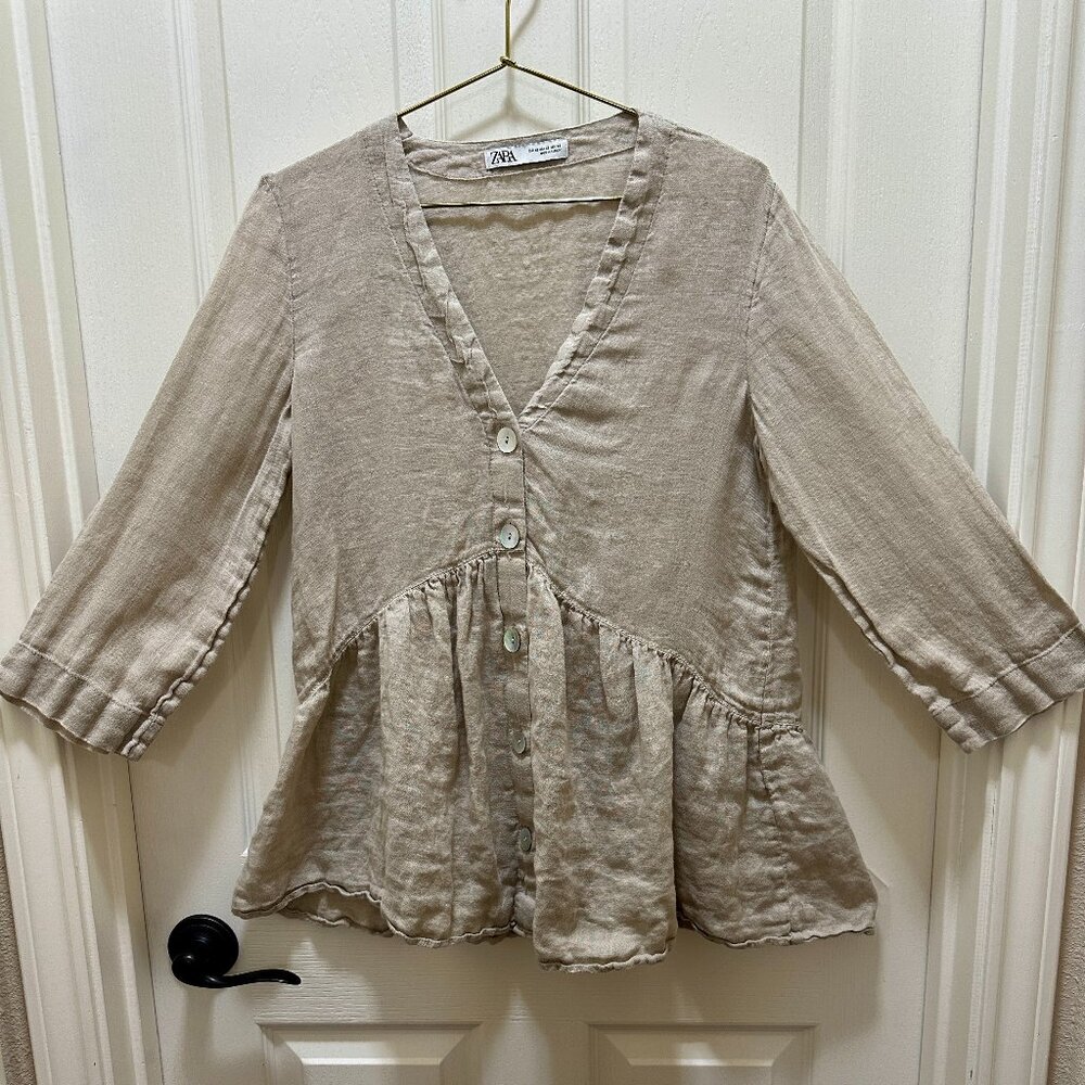 Zara 100% Linen Tunic Top Women's Size XS Tan Button Front Flowy Cottagecore